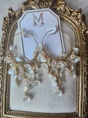 New Mia Charro Gold Floral Hoop Earrings Boho Bridal Faux Mother Of Pearl